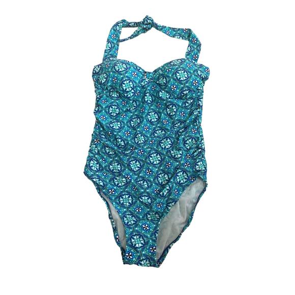 Assets By Sara Blakley Spanx One-piece swimsuit Top Woman’s Large Teal Print - Picture 1 of 7